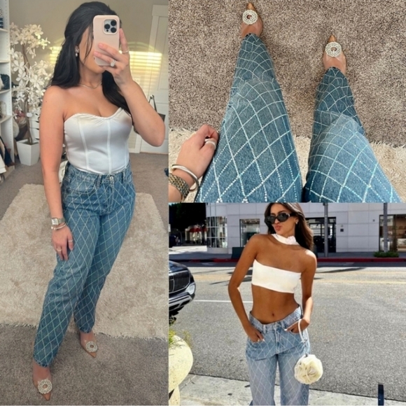 Zara Rhinestone Jeans Blue Jewel Size 2 - Picture 3 of 16